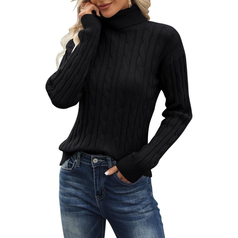Women Classic Fit Lightweight Cable Long Sleeve Mockneck 02 Black Casual Sweater